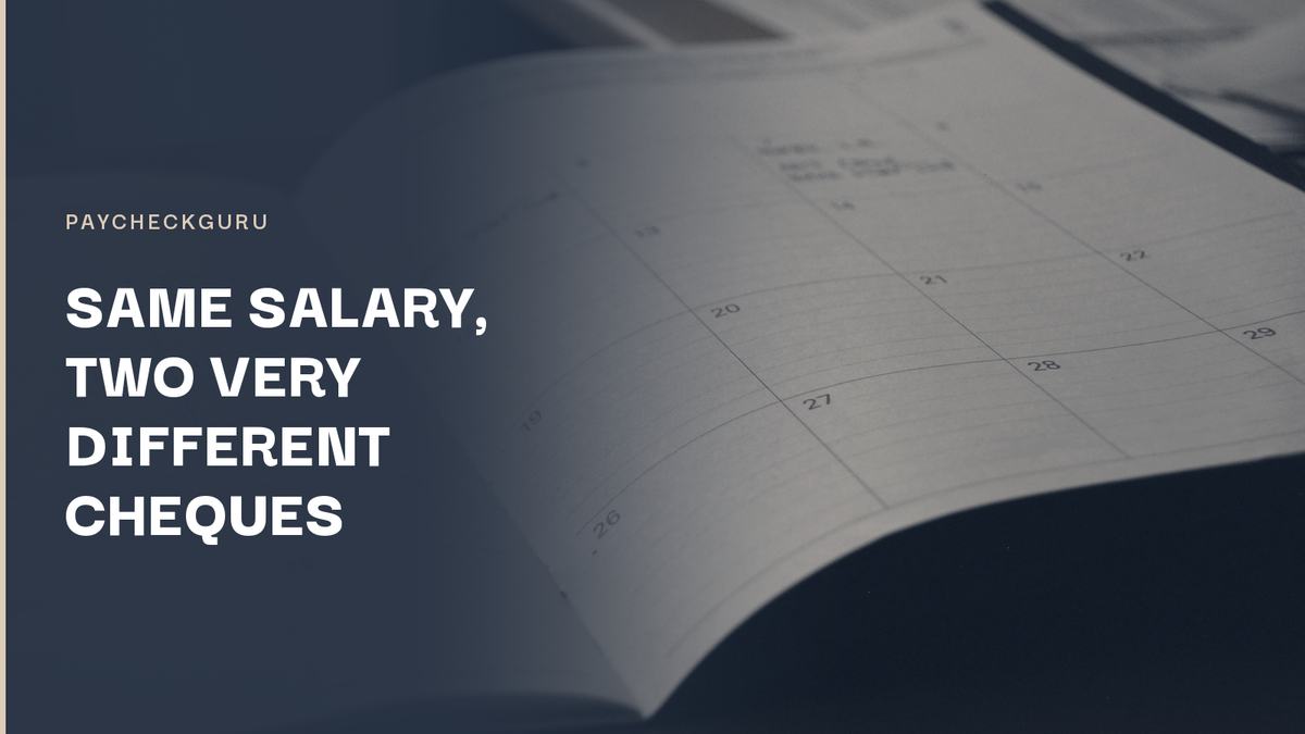 Person at a kitchen table reviewing a pay stub and calendar, comparing biweekly vs semi-monthly pay schedules in Canada