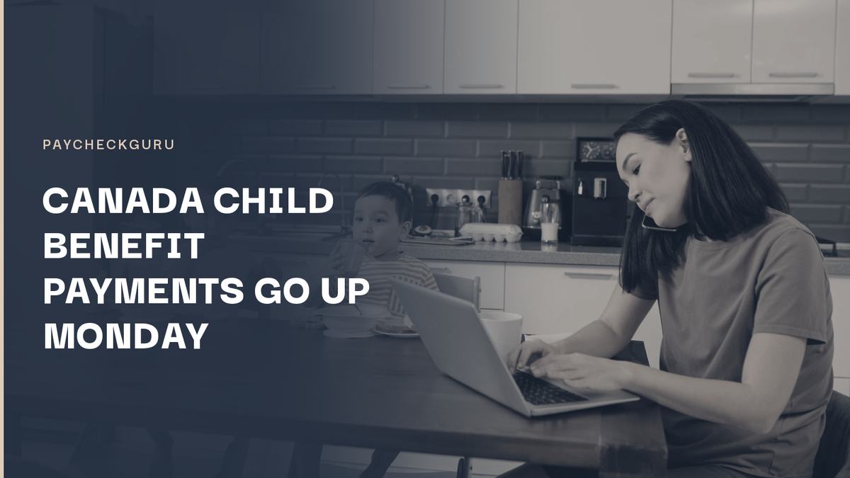 Mother working on a laptop at the kitchen table while her two young sons eat breakfast, illustrating the Canada Child Benefit increase