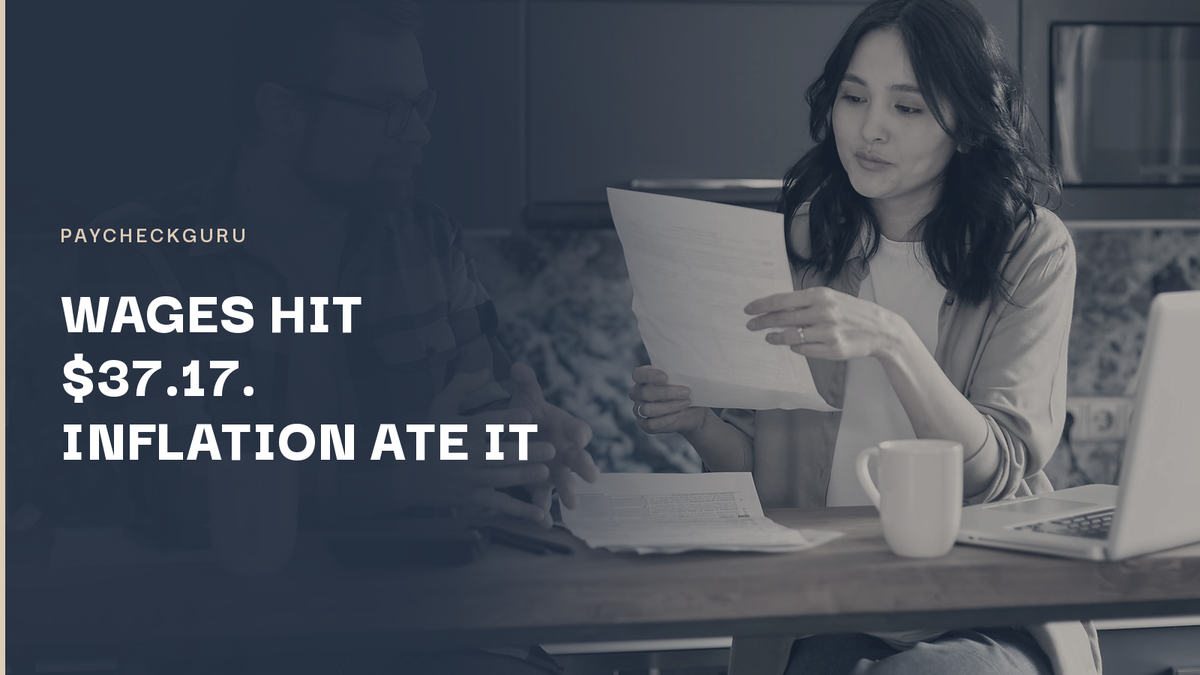 A couple at a kitchen table reviewing a document with a laptop and calculator, illustrating how the July 2026 average wage of $37.17 is offset by inflation