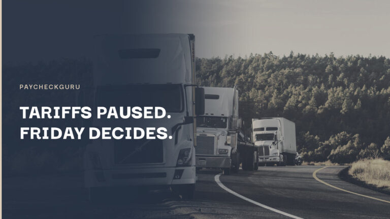 A line of transport trucks on a highway, illustrating the Section 338 tariffs on Canadian exports paused until August 21