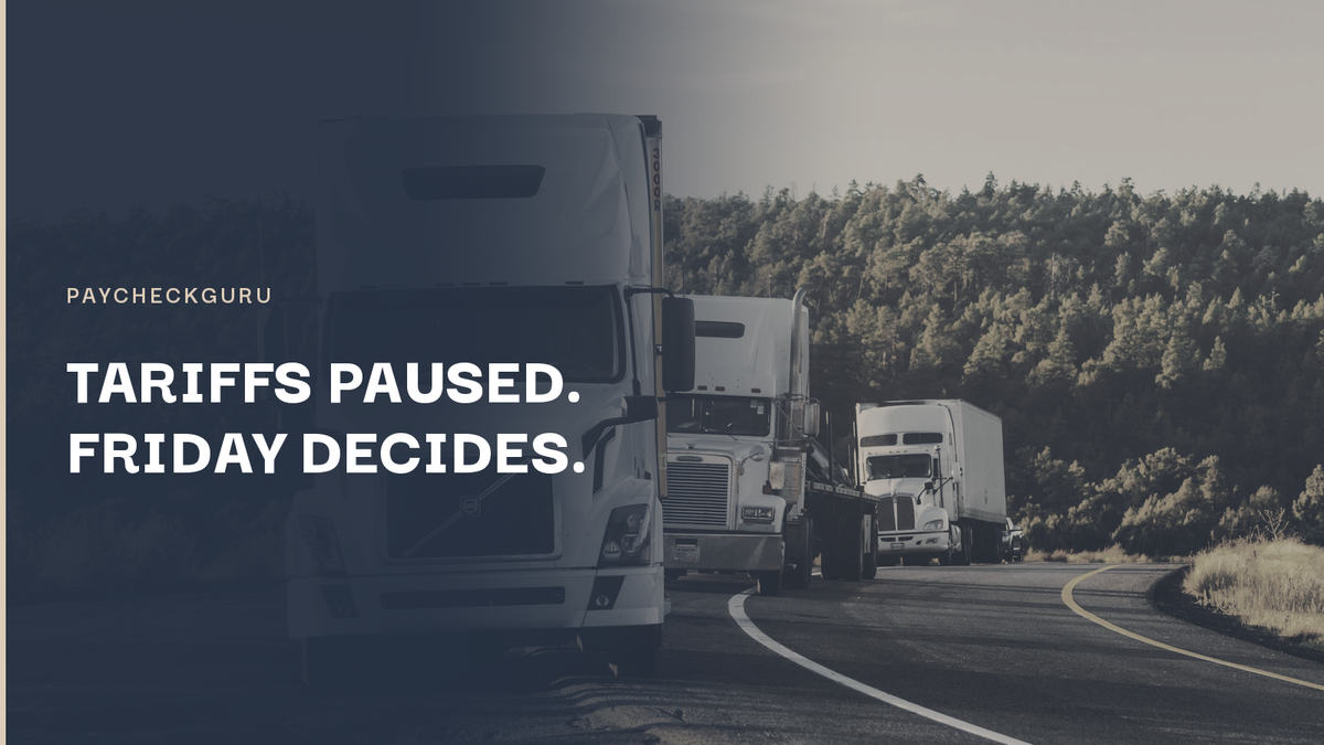 A line of transport trucks on a highway, illustrating the Section 338 tariffs on Canadian exports paused until August 21