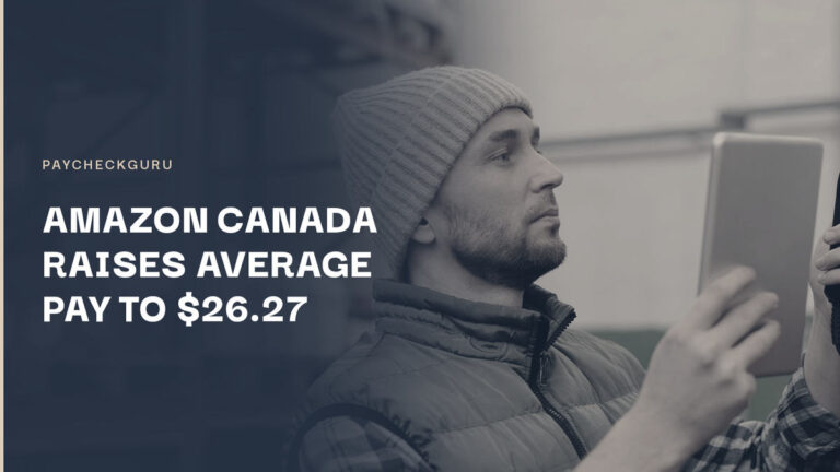 Warehouse employee in a vest and beanie holding a tablet and barcode scanner beside storage racking, illustrating the Amazon Canada operations wage increase
