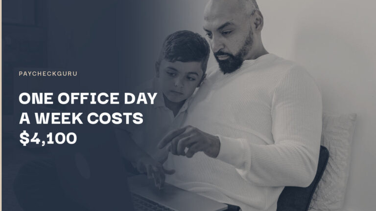 Father working at a laptop at home with his young son leaning against him, illustrating the value working parents place on remote work days