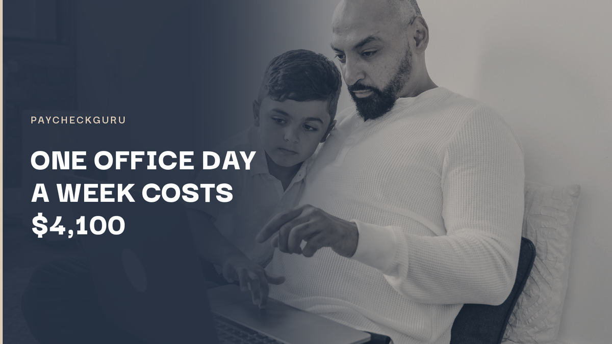 Father working at a laptop at home with his young son leaning against him, illustrating the value working parents place on remote work days