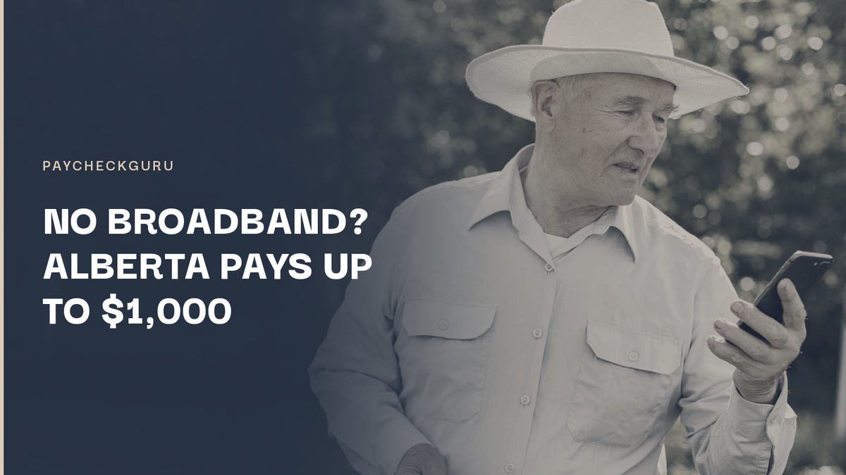 Older man in a wide-brimmed sun hat checking his smartphone outdoors in a rural yard, illustrating Alberta's $1,000 satellite internet rebate for households without high-speed broadband