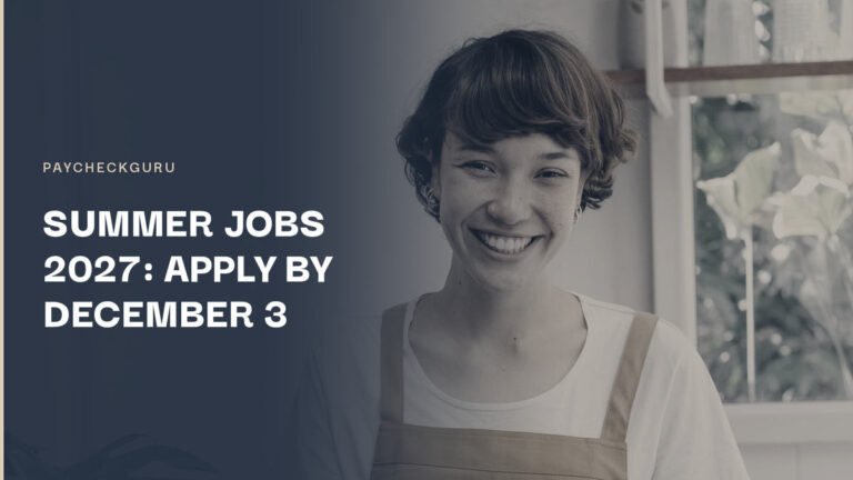 Smiling young worker in a tan apron standing at a counter with a tablet, illustrating a Canada Summer Jobs 2027 youth position.