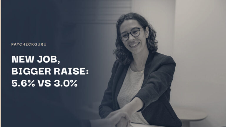 Smiling woman in glasses and a dark blazer shaking hands across a desk after a job interview, illustrating the pay gain from changing jobs in Canada