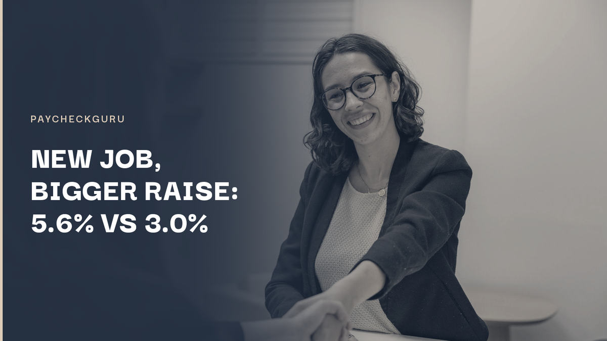 Smiling woman in glasses and a dark blazer shaking hands across a desk after a job interview, illustrating the pay gain from changing jobs in Canada