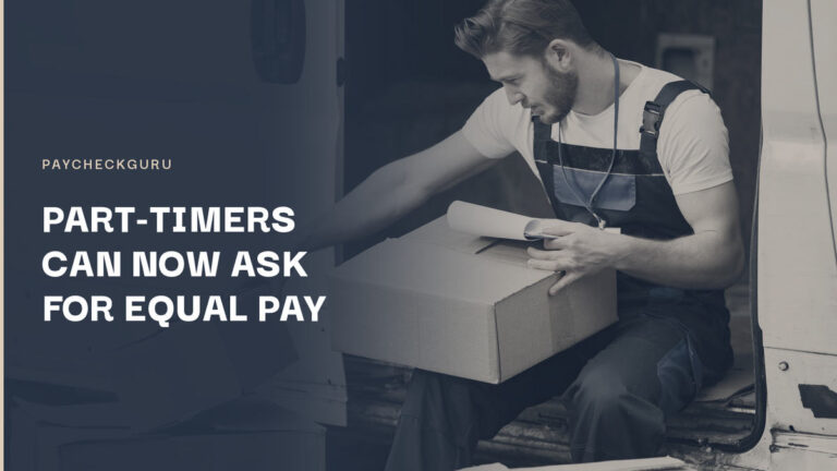 Courier in work overalls sitting in the back of a delivery van checking a parcel against a clipboard, illustrating new federal equal pay rules for part-time and temporary workers