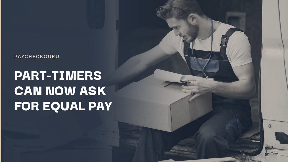 Courier in work overalls sitting in the back of a delivery van checking a parcel against a clipboard, illustrating new federal equal pay rules for part-time and temporary workers