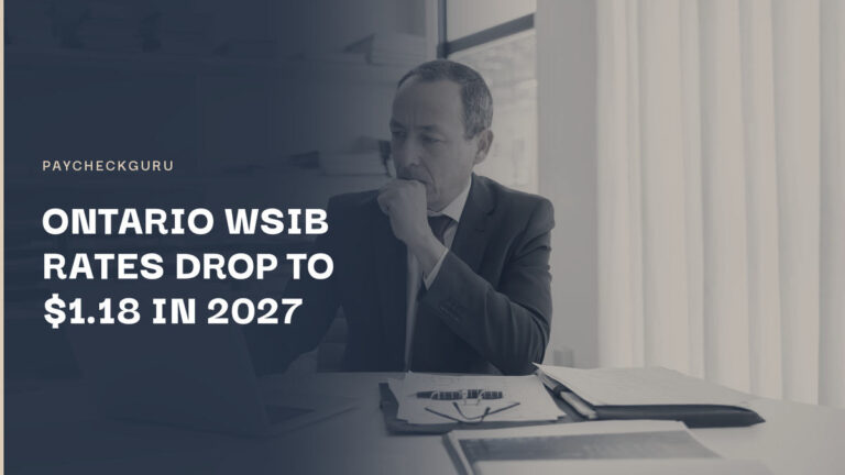 Pensive businessman in a dark suit reviewing papers and a laptop at his desk, illustrating Ontario employers budgeting for the lower 2027 WSIB premium rate