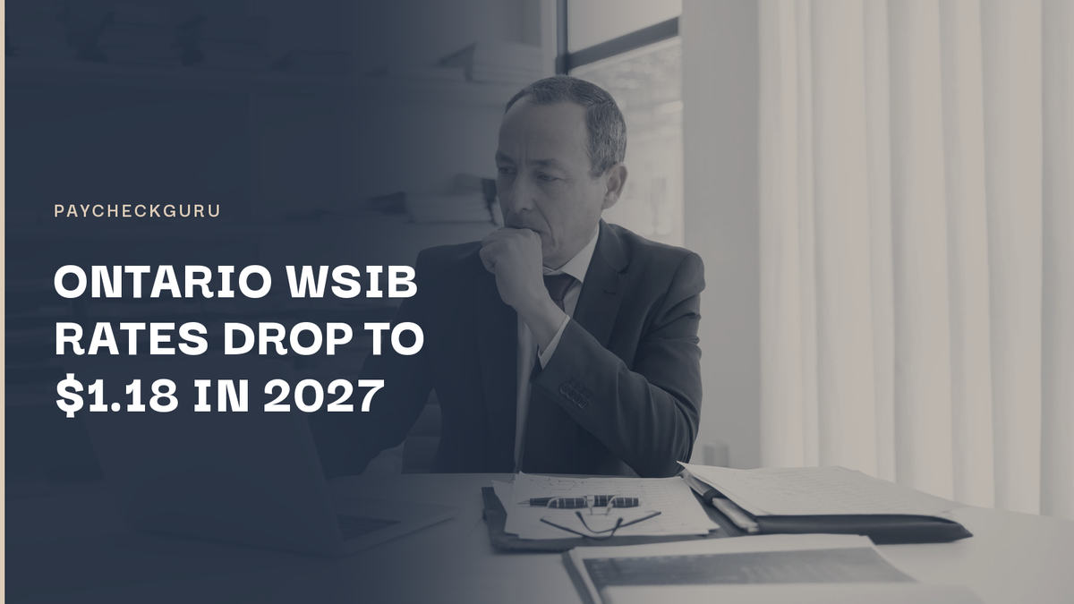 Pensive businessman in a dark suit reviewing papers and a laptop at his desk, illustrating Ontario employers budgeting for the lower 2027 WSIB premium rate